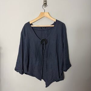 John P. Greece 100% Linen Blue Blouse Shirt Short Sleeves Leather Clasp M 344